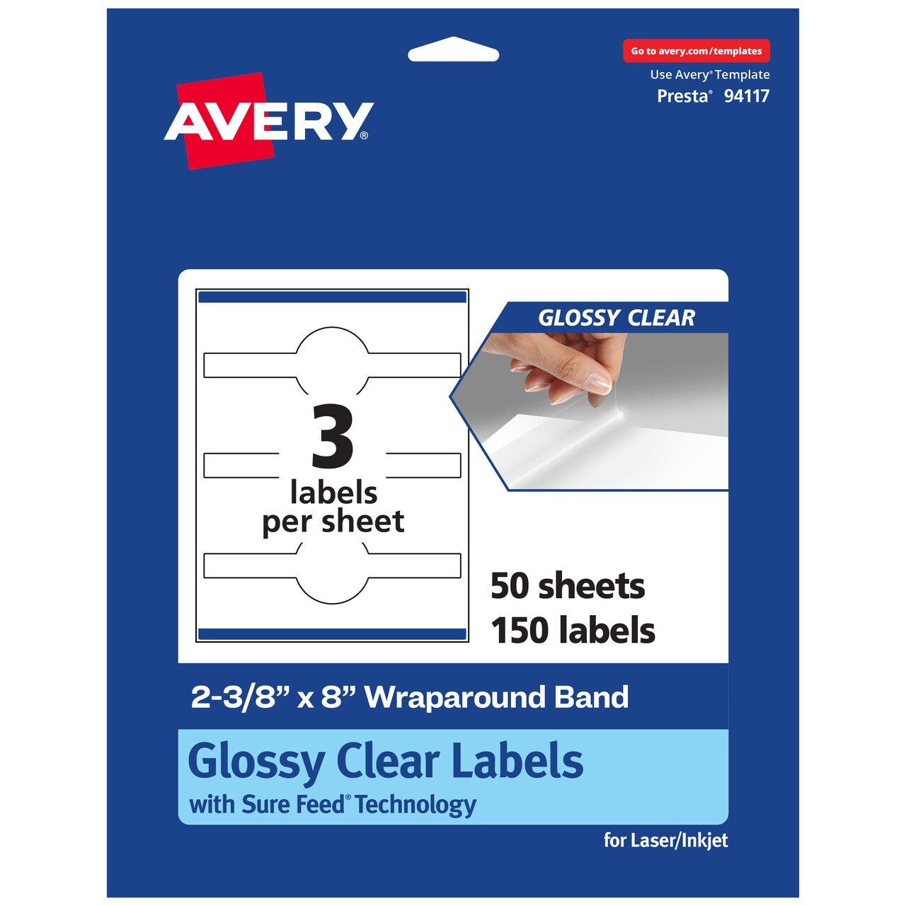 Avery Glossy Clear Wraparound Labels with Sure Feed, 2-3/8" x 8"